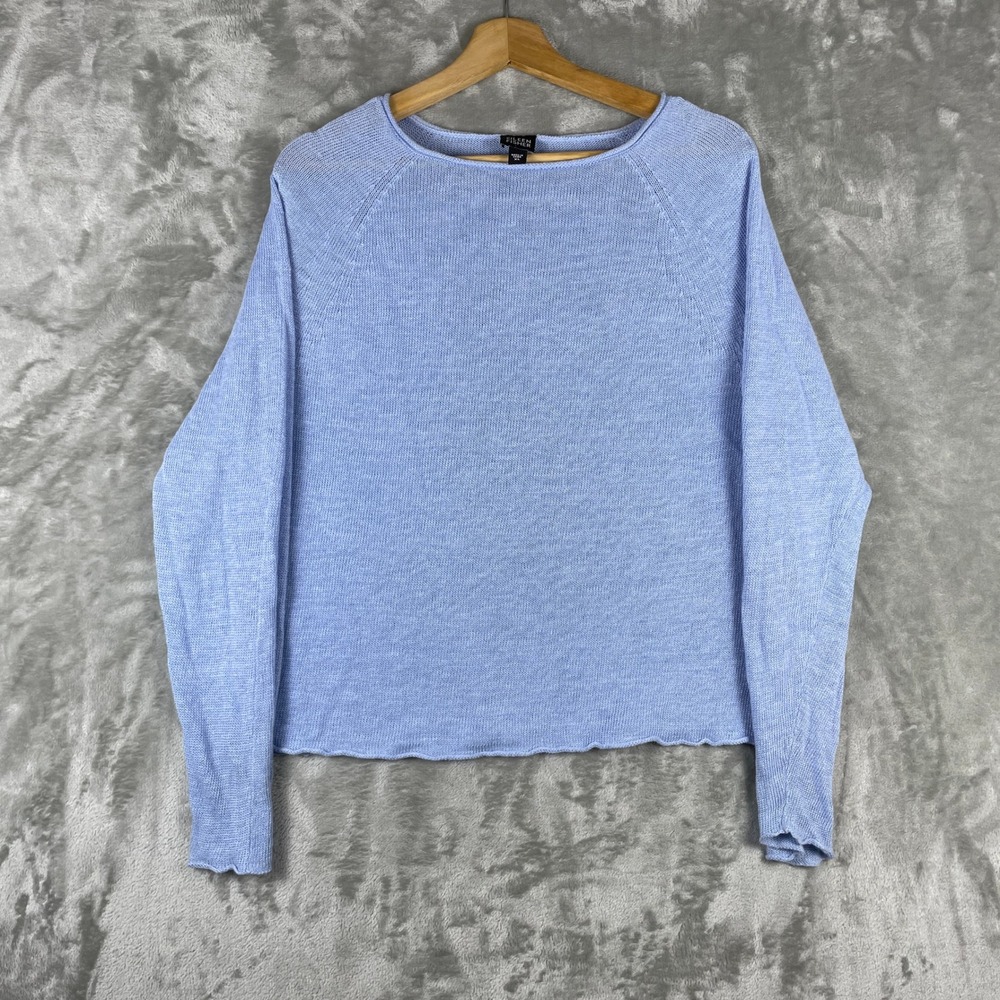Eileen Fisher Sweater Womens XL Blue 100% Linen Raglan Long Sleeve Boat Neck